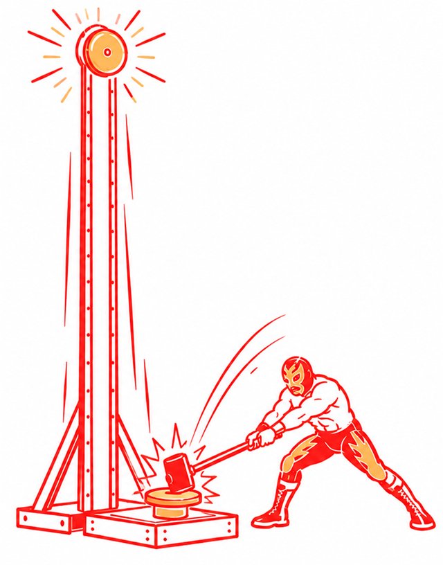 A masked wrestler swings a mallet at a carnival high striker and rings the bell at the top