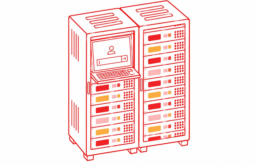 Server racks with an admin console open on the first one